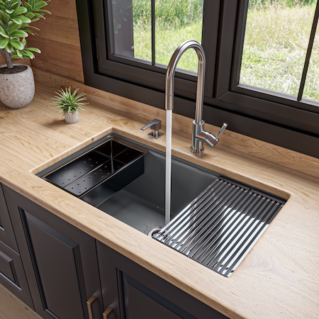 Alfi Brand 33 inch Granite Composite Workstation Single Bowl Undermount Sink w Accessories AB3418SBUM-T